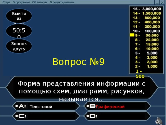 Выйти из игры 50:50 Звонок другу Вопрос №9 1 - 500 Форма представления информации с помощью схем, диаграмм, рисунков, называется.. Графической Текстовой  