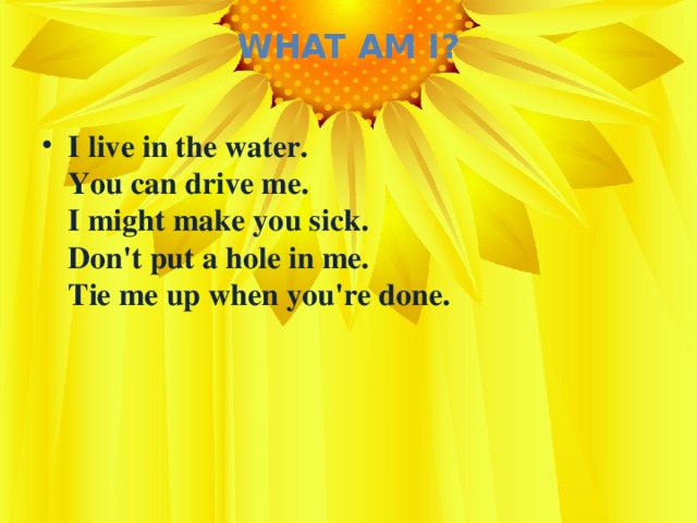 What Am I?   I live in the water.  You can drive me.  I might make you sick.  Don't put a hole in me.  Tie me up when you're done.