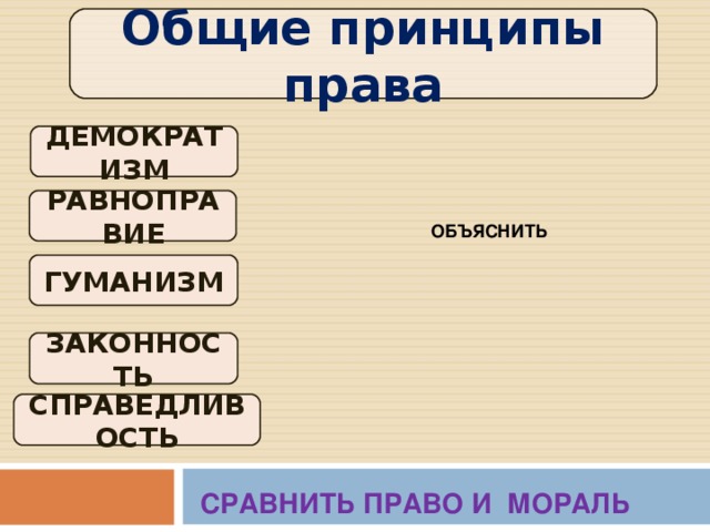 Общие принципы права ДЕМОКРАТИЗМ РАВНОПРАВИЕ ОБЪЯСНИТЬ ГУМАНИЗМ ЗАКОННОСТЬ СПРАВЕДЛИВОСТЬ СРАВНИТЬ ПРАВО И МОРАЛЬ