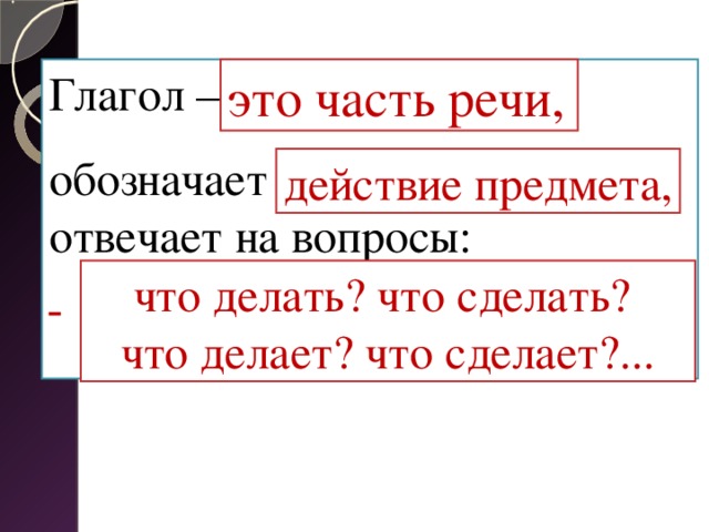 Глагол –  обозначает отвечает на вопросы: это часть речи,   действие предмета, что делать? что сделать? что делает? что сделает?...