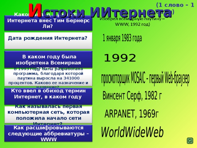 И стоки ИИтернета (1 слово – 1 балл) Какой вклад в развитие Интернета внес Тим Бернерс Ли?  Дата рождения Интернета?    В каком году была изобретена Всемирная паутина  В 1993 году была разработана программа, благодаря которой паутина выросла на 341000 процентов. Каково ее назначение и название?  Кто ввел в обиход термин Интернет, в каком году   Как называлась первая компьютерная сеть, которая положила начало сети Интернет?  Как расшифровываются следующие аббревиатуры – WWW