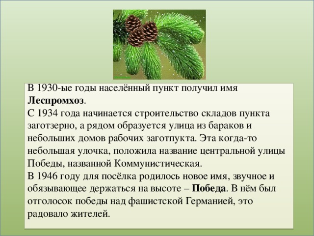 В 1930-ые годы населённый пункт получил имя Леспромхоз .  С 1934 года начинается строительство складов пункта заготзерно, а рядом образуется улица из бараков и небольших домов рабочих заготпукта. Эта когда-то небольшая улочка, положила название центральной улицы Победы, названной Коммунистическая.   В 1946 году для посёлка родилось новое имя, звучное и обязывающее держаться на высоте – Победа . В нём был отголосок победы над фашистской Германией, это радовало жителей.