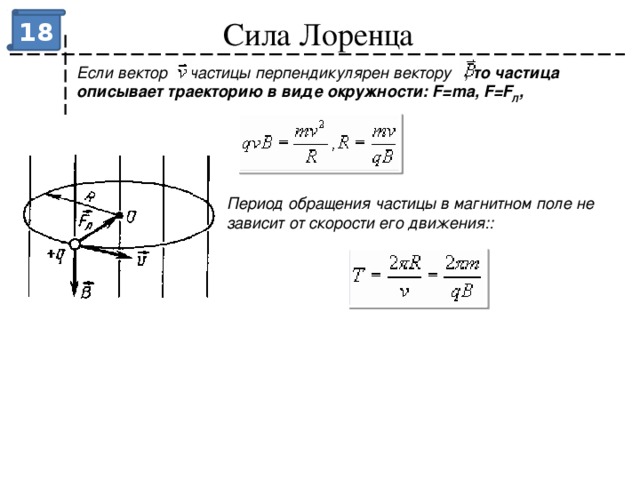 Сила Лоренца 18 Если вектор  частицы перпендикулярен вектору  , то частица описывает траекторию в виде окружности: F=ma, F=F Л ,  Период обращения частицы в магнитном поле не зависит от скорости его движения::