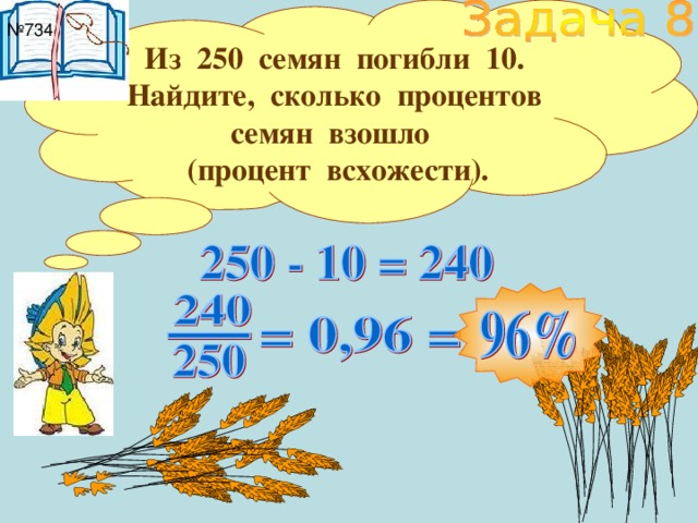 Из 250 семян погибли 10. Найдите, сколько процентов семян взошло (процент всхожести). № 734 Н.Я.Виленкин (2006г.) №734 14