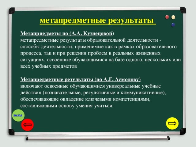 метапредметные результаты Метаприедметы по (А.А. Кузнецовой ) метапредметные результаты образовательной деятельности - способы деятельности, применимые как в рамках образовательного процесса, так и при решении проблем в реальных жизненных ситуациях, освоенные обучающимися на базе одного, нескольких или всех учебных предметов Метапредметные результаты (по А.Г. Асмолову) включают освоенные обучающимися универсальные учебные действия   (познавательные, регулятивные и коммуникативные), обеспечивающие овладение ключевыми компетенциями, составляющими основу умения учиться.