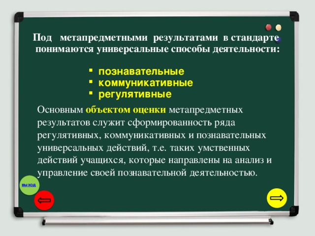 Под метапредметными результатами в стандарте понимаются универсальные способы деятельности:   познавательные  коммуникативные  регулятивные  познавательные  коммуникативные  регулятивные  познавательные  коммуникативные  регулятивные  познавательные  коммуникативные  регулятивные  познавательные  коммуникативные  регулятивные Основным объектом оценки  метапредметных результатов служит сформированность ряда регулятивных, коммуникативных и познавательных универсальных действий, т.е. таких умственных действий учащихся, которые направлены на анализ и управление своей познавательной деятельностью.