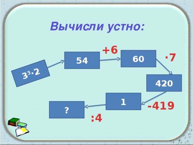 3 3 ·2 Вычисли устно: +6 ·7 60 54 420 1 -419 ? :4