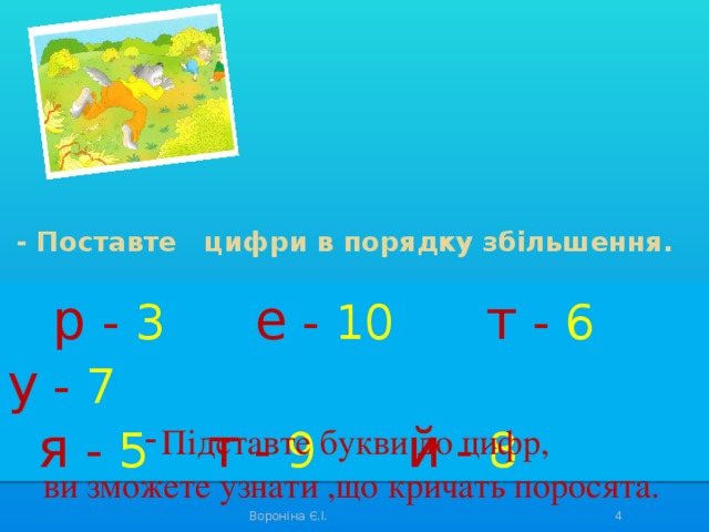 - Поставте цифри в порядку збільшення.    7 10 6 8  5 9 3      р - 3  е - 10   т - 6  у - 7   я - 5   т - 9  й - 8 Підставте букви до цифр, ви зможете узнати ,що кричать поросята.   Вороніна Є.І.