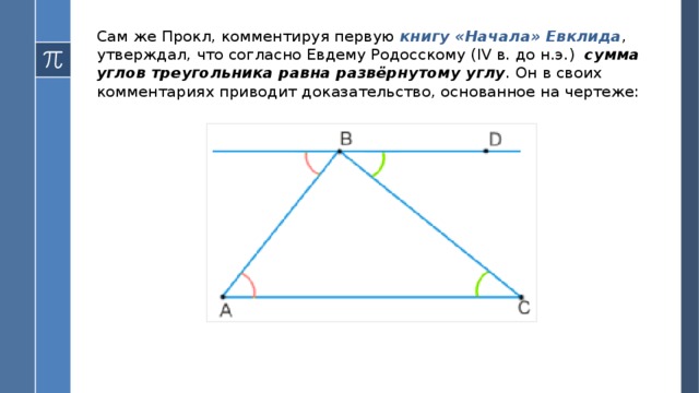 Сам же Прокл, комментируя первую книгу «Начала» Евклида , утверждал, что согласно Евдему Родосскому (IV в. до н.э.) сумма углов треугольника равна развёрнутому углу . Он в своих комментариях приводит доказательство, основанное на чертеже: