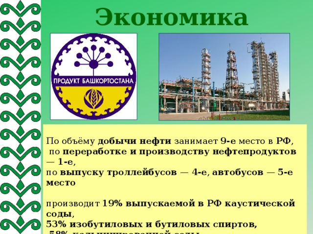 Экономика По объёму добычи нефти занимает 9‑е место в РФ ,  по переработке и производству нефтепродуктов — 1‑е , по выпуску троллейбусов — 4‑е , автобусов — 5‑е место производит 19% выпускаемой в РФ каустической соды , 53% изобутиловых и бутиловых спиртов,  58% кальцинированной соды, является единственным производителем белой сажи и пищевой соды