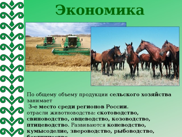 Экономика По общему объему продукции сельского хозяйства занимает  3-е место среди регионов России . отрасли животноводства: скотоводство, свиноводство, овцеводство, козоводство, птицеводство . Развиваются коневодство, кумысоделие, звероводство, рыбоводство, бортничество.