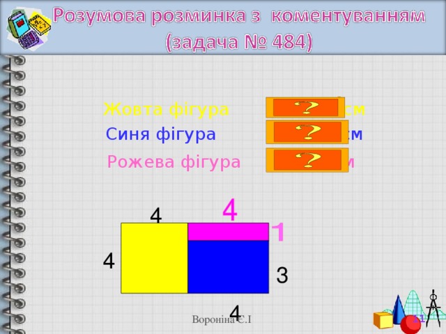 Жовта фігура S = 16 см Синя фігура S = 12 c м Рожева фігура S = 4 см  4 4 3 4 11 Вороніна Є.І