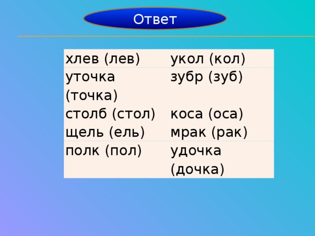 Ответ хлев (лев) укол (кол) уточка (точка) зубр (зуб) столб (стол) коса (оса) щель (ель) мрак (рак) полк (пол) удочка (дочка)