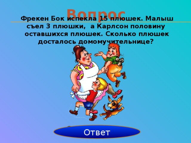 Вопрос Фрекен Бок испекла 15 плюшек. Малыш съел 3 плюшки, а Карлсон половину оставшихся плюшек. Сколько плюшек досталось домомучительнице? 6 плюшек Ответ