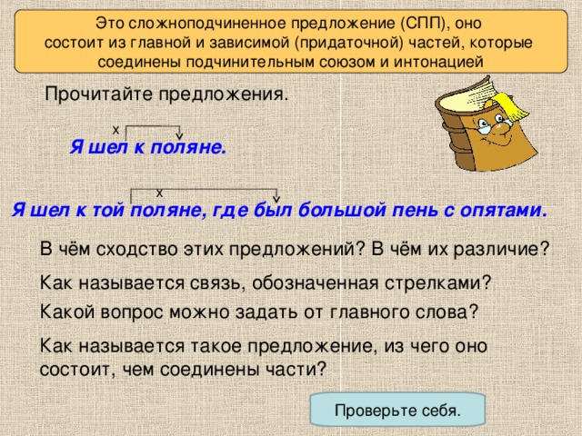 Это сложноподчиненное предложение (СПП), оно состоит из главной и зависимой (придаточной) частей, которые соединены подчинительным союзом и интонацией Вспоминаем то, что знаем Прочитайте предложения. Я шел к поляне. Я шел к той поляне, где был большой пень с опятами. В чём сходство этих предложений? В чём их различие? Как называется связь, обозначенная стрелками? Какой вопрос можно задать от главного слова? Как называется такое предложение, из чего оно состоит, чем соединены части? Проверьте себя.