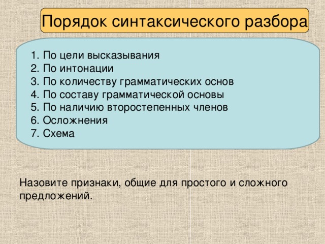 Порядок синтаксического разбора 1. По цели высказывания 2. По интонации 3. По количеству грамматических основ 4. По составу грамматической основы 5. По наличию второстепенных членов 6. Осложнения 7. Схема Назовите признаки, общие для простого и сложного предложений.