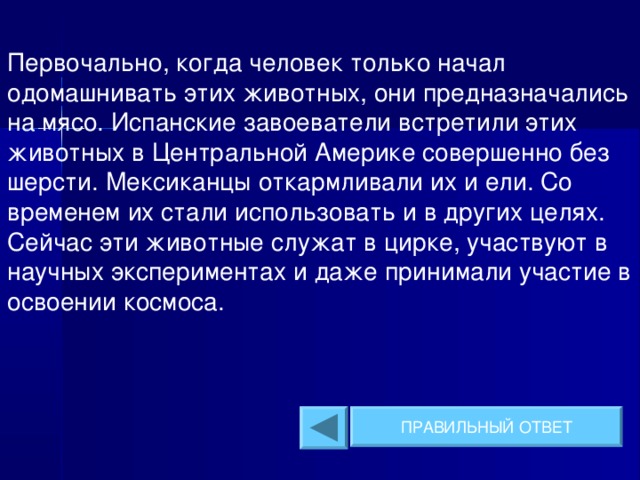 Первочально, когда человек только начал одомашнивать этих животных, они предназначались на мясо. Испанские завоеватели встретили этих животных в Центральной Америке совершенно без шерсти. Мексиканцы откармливали их и ели. Со временем их стали использовать и в других целях. Сейчас эти животные служат в цирке, участвуют в научных экспериментах и даже принимали участие в освоении космоса. ПРАВИЛЬНЫЙ ОТВЕТ