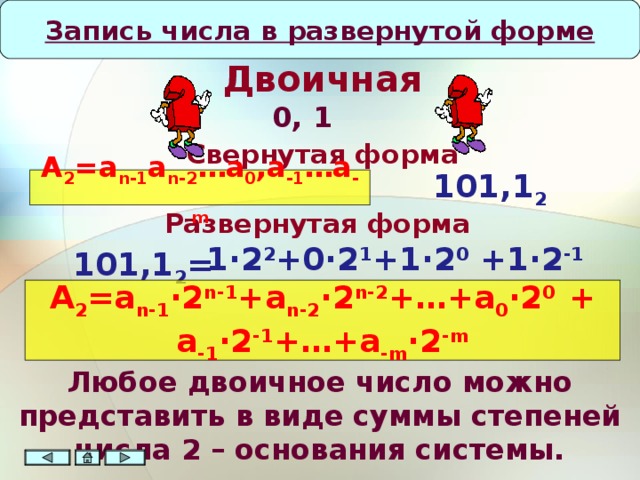 Запись числа в развернутой форме     Двоичная    0, 1  Свернутая форма A 2 =a n-1 a n-2 …a 0 ,a -1 …a -m 101,1 2 Развернутая форма 101,1 2 = 1 ∙ 2 2 + 0 ∙ 2 1 + 1 ∙ 2 0 + 1 ∙2 -1 A 2 =a n-1 ∙ 2 n-1 +a n-2 ∙ 2 n-2 +…+a 0 ∙ 2 0 + a -1 ∙ 2 -1 +…+a -m ∙ 2 -m На данном этапе демонстрации вводятся понятия основания системы, разряда числа. Следует помнить и не забывать, что первый разряд числа является нулевым. Любое двоичное число можно представить в виде суммы степеней числа 2 – основания системы.