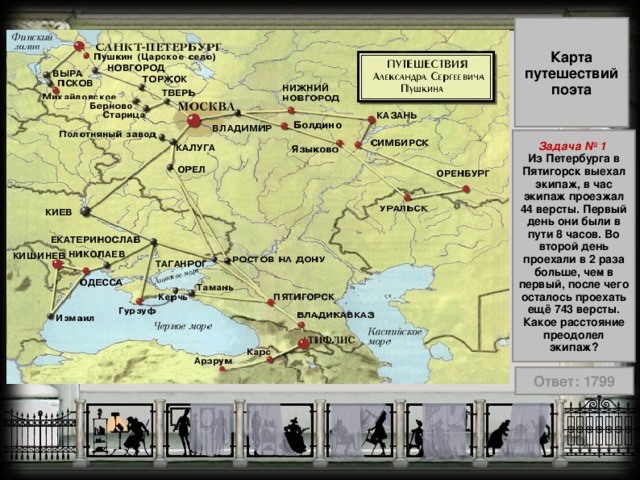Карта путешествий поэта Задача № 1  Из Петербурга в Пятигорск выехал экипаж, в час экипаж проезжал 44 версты. Первый день они были в пути 8 часов. Во второй день проехали в 2 раза больше, чем в первый, после чего осталось проехать ещё 743 версты. Какое расстояние преодолел экипаж? Ответ: 1799