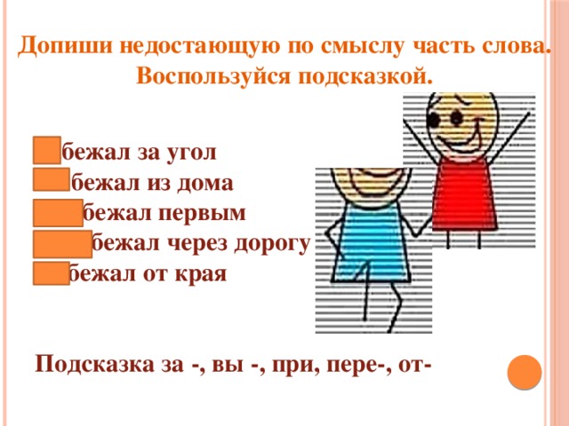 Допиши недостающую по смыслу часть слова. Воспользуйся подсказкой.  За бежал за угол Вы бежал из дома При бежал первым Пере бежал через дорогу От бежал от края   Подсказка за -, вы -, при, пере-, от-