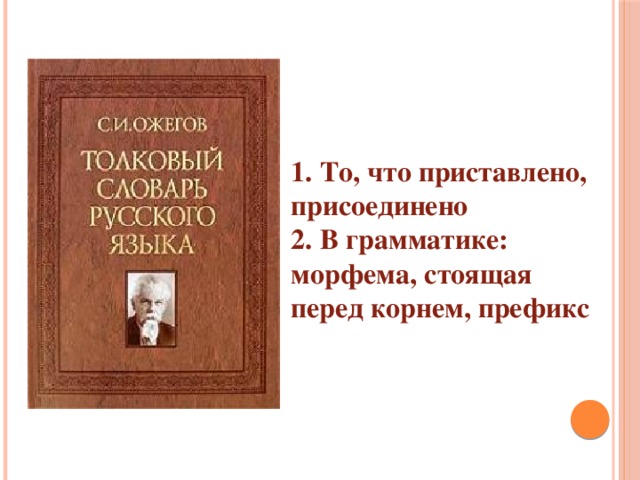 1. То, что приставлено, присоединено 2. В грамматике: морфема, стоящая перед корнем, префикс