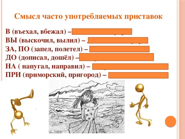 Смысл часто употребляемых приставок В (въехал, вбежал) – движение внутрь ВЫ (выскочил, вылил) – движение изнутри ЗА, ПО (запел, полетел) – начало действия ДО (дописал, дошёл) – завершение действия НА ( напугал, направил) – направление действия ПРИ (приморский, пригород) – в значении рядом