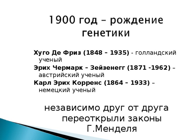 Хуго Де Фриз (1848 – 1935) - голландский ученый Эрих Чермарк – Зейзенегг (1871 -1962) – австрийский ученый Карл Эрих Корренс (1864 – 1933) – немецкий ученый независимо друг от друга переоткрыли законы Г.Менделя