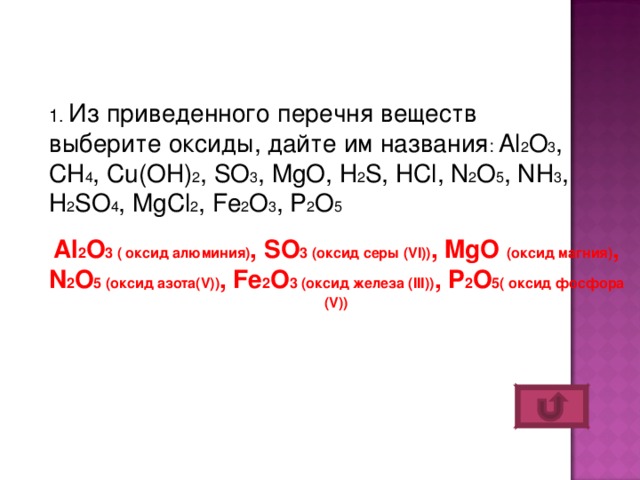 1. Из приведенного перечня веществ выберите оксиды, дайте им названия : Al 2 O 3 , CH 4 , Cu(OH) 2 , SO 3 , MgO, H 2 S, HCl, N 2 O 5 , NH 3 , H 2 SO 4 , MgCl 2 , Fe 2 O 3 , P 2 O 5 Al 2 O 3 ( оксид алюминия) , SO 3 (оксид серы (VI)) , MgO  (оксид магния) , N 2 O 5 (оксид азота (V)) , Fe 2 O 3 (оксид железа ( III )) , P 2 O 5 ( оксид фосфора ( V))
