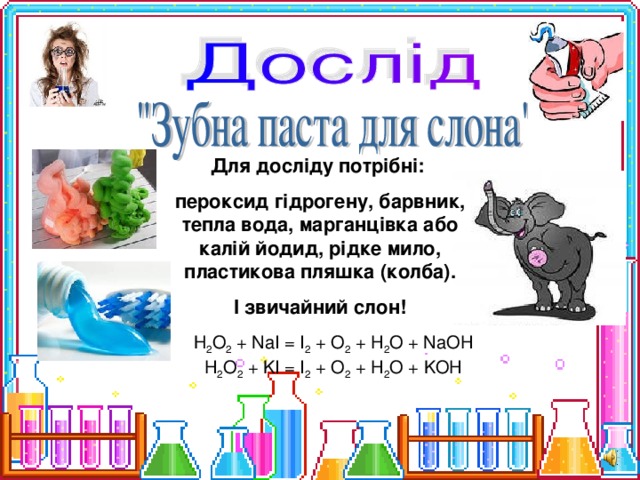 Для досліду потрібні: пероксид гідрогену, барвник, тепла вода, марганцівка або калій йодид, рідке мило, пластикова пляшка (колба). І звичайний слон! Н 2 О 2 + NaI = I 2 + O 2 + H 2 O + NaOH H 2 O 2 + KI = I 2 + O 2 + H 2 O + KOH