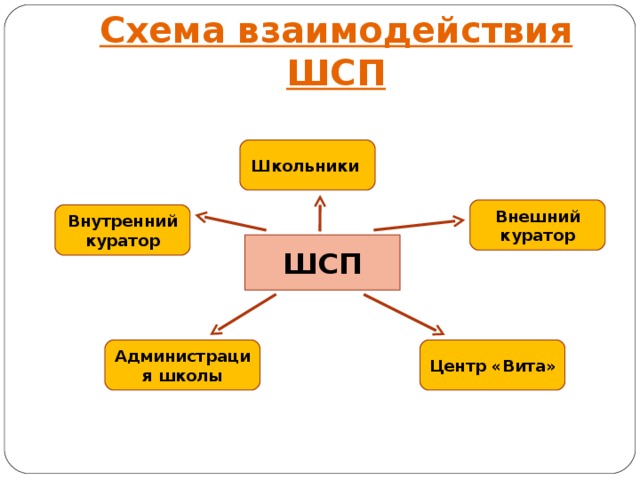 Схема взаимодействия ШСП Школьники  Внешний куратор Внутренний куратор ШСП Администрация школы Центр «Вита»
