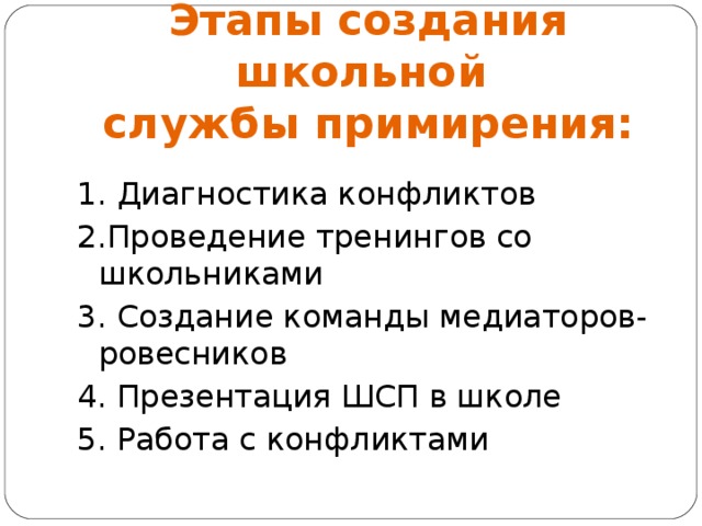 Этапы создания школьной  службы примирения: 1. Диагностика конфликтов 2.Проведение тренингов со школьниками 3. Создание команды медиаторов-ровесников 4. Презентация ШСП в школе 5. Работа с конфликтами