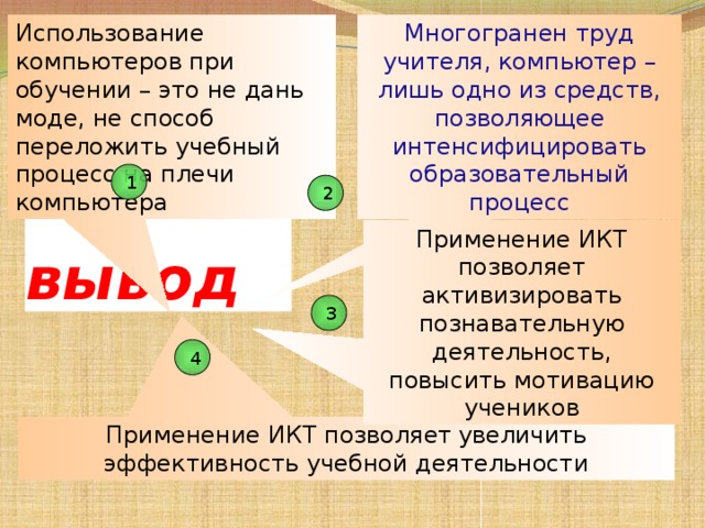 Использование компьютера учителем для организации учебного процесса на уровне класса позволяет что