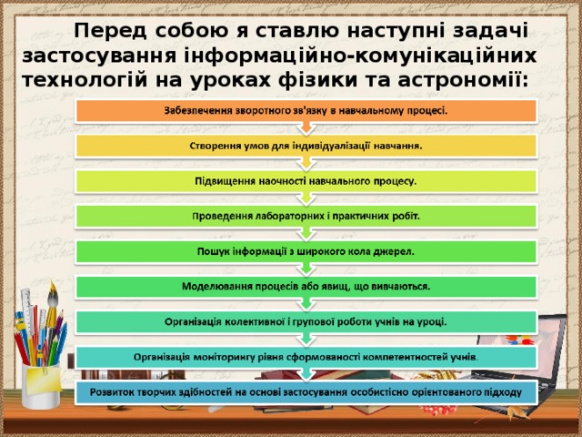 Перед собою я ставлю наступні задачі застосування інформаційно-комунікаційних тех­нологій на уроках фізики та астрономії: