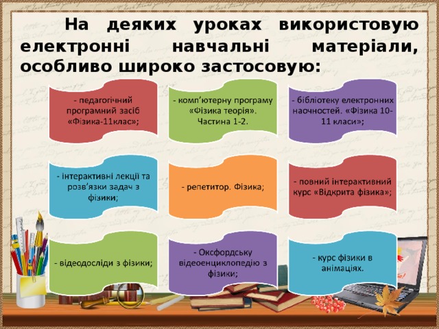 На деяких уроках використовую електронні навчальні матеріали, особливо широко застосовую: