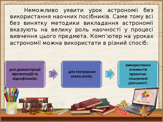 Неможливо уявити урок астрономії без використання наочних посібників. Саме тому всі без винятку методики викладання астрономії вказують на велику роль наочності у процесі вивчення цього предмета.  Комп’ютер на уроках астрономії можна використати в різний спосіб: