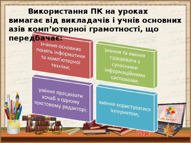 Використання ПК на уроках вимагає від викладачів і учнів основних азів комп’ютерної грамотності, що передбачає: