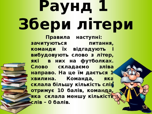 Раунд 1  Збери літери  Правила наступні: зачитуються питання, команди їх відгадують і вибудовують слово з літер, які в них на футболках. Слово складаємо зліва направо. На це їм дається 1 хвилина. Команда, яка склала більшу кількість слів отримує 10 балів, команда, яка склала меншу кількість слів – 0 балів.