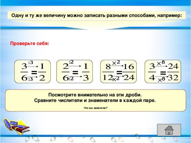 Одну и ту же величину можно записать разными способами, например: Проверьте себя: 2 :2 8 :3 = = = = 2 :2 8 :3 Посмотрите внимательно на эти дроби. Сравните числители и знаменатели в каждой паре.  Что вы заметили?