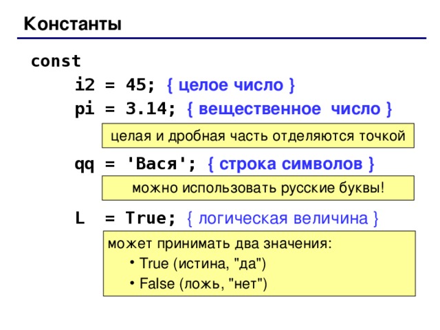 Константы const     i2 = 45; { целое число }  pi = 3.14; { вещественное число }  qq = ' Вася ';  { строка символов }  L = True;  { логическая величина } целая и дробная часть отделяются точкой можно использовать русские буквы! может принимать два значения:  True ( истина, 