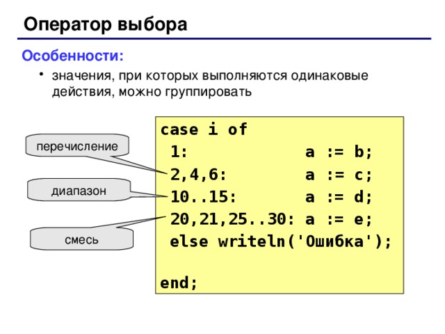 Оператор выбора Особенности: значения, при которых выполняются одинаковые действия, можно группировать значения, при которых выполняются одинаковые действия, можно группировать case i  of  1: a := b;  2,4 ,6 : a := c;  10..15: a := d;  20,21,25..30: a := e;  else writeln(' Ошибка ');  end; перечисление диапазон смесь 52