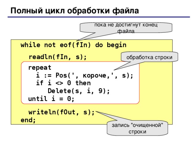 Полный цикл обработки файла пока не достигнут конец файла  while not eof(fIn) do begin  readln(fIn, s);  writeln(fOut, s);  end; обработка строки  repeat  i := Pos(', короче,', s);  if i  0 then  Delete(s, i, 9);  until i = 0; запись 