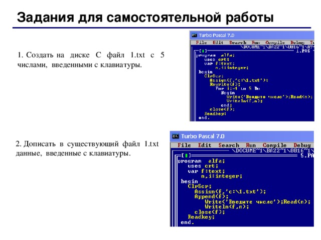 Задания для самостоятельной работы 1. Создать на диске С файл 1.txt с 5 числами, введенными с клавиатуры. 2. Дописать в существующий файл 1.txt данные, введенные с клавиатуры. 76