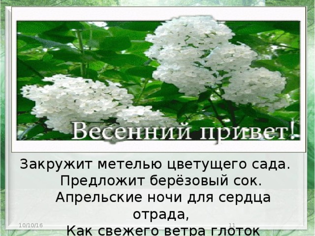 Закружит метелью цветущего сада.  Предложит берёзовый сок.  Апрельские ночи для сердца отрада,  Как свежего ветра глоток 10/10/16