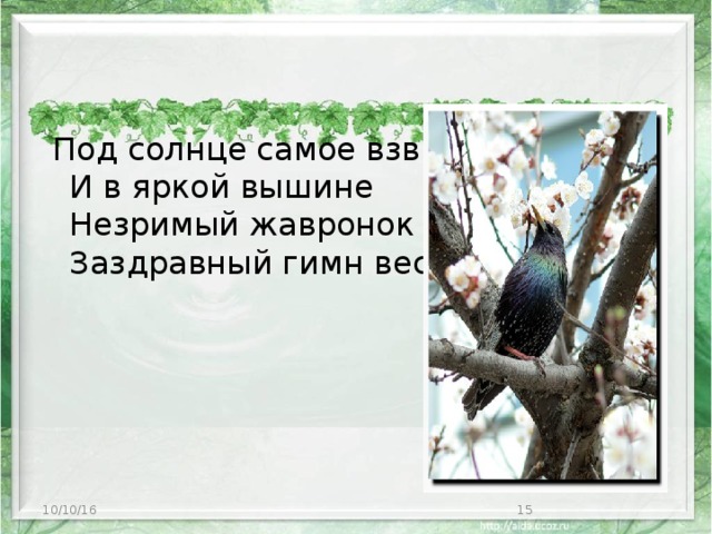 Под солнце самое взвился  И в яркой вышине  Незримый жавронок поет  Заздравный гимн весне.   10/10/16