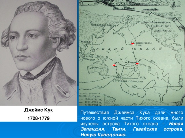 Джеймс Кук 1728-1779 Путешествия Джеймса Кука дали много нового о южной части Тихого океана, были изучены острова Тихого океана – Новая Зеландия, Таити, Гавайские острова, Новую Каледонию.