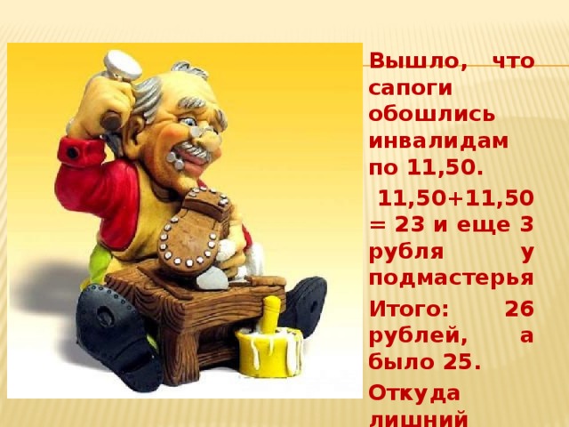 Вышло, что сапоги обошлись инвалидам по 11,50.  11,50+11,50 = 23 и еще 3 рубля у подмастерья Итого: 26 рублей, а было 25. Откуда лишний рубль?