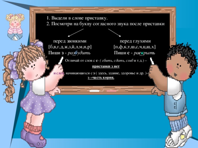 1. Выдели в слове приставку.  2. Посмотри на букву согласного звука после приставки перед звонкими  [б,в,г,д,ж,з,й,л,м,н,р]  Пиши з - раз б удить  перед глухими  [п,ф,к,т,ш,с,ч,ц,щ,х]  Пиши с - ра с к рыть  Отличай от слов с с - ( сбить, сдать, сгиб и т.д.) – приставки з нет  и слов , начинающихся с з ( здесь, здание, здоровье и др. )– з –часть корня.