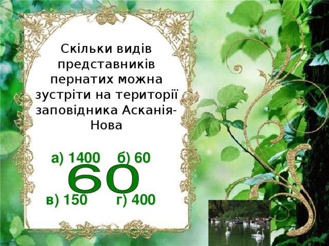 Скільки видів представників пернатих можна зустріти на території заповідника Асканія-Нова а) 1400 б) 60  в) 150 г) 400