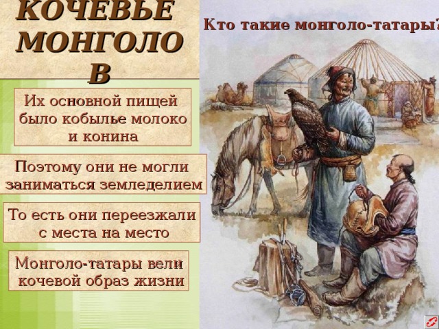 Кто такие монголо-татары? КОЧЕВЬЕ МОНГОЛОВ Их основной пищей было кобылье молоко и конина Поэтому они не могли  заниматься земледелием То есть они переезжали  с места на место Монголо-татары вели  кочевой образ жизни