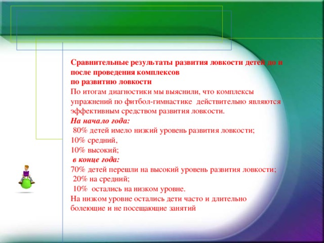 Сравнительные результаты развития ловкости детей до и после проведения комплексов  по развитию ловкости По итогам диагностики мы выяснили, что комплексы упражнений по фитбол-гимнастике действительно являются эффективным средством развития ловкости.  На начало года:  80% детей имело низкий уровень развития ловкости;  10% средний,  10% высокий;   в конце года:   70% детей перешли на высокий уровень развития ловкости;  20% на средний;  10% остались на низком уровне.  На низком уровне остались дети часто и длительно болеющие и не посещающие занятий